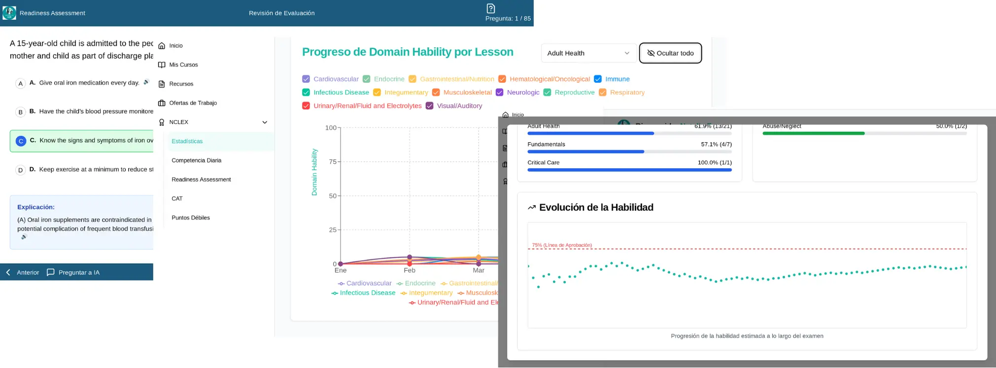 Interfaz del banco de preguntas (Qbank) de rnnclex.com, mostrando una pregunta de práctica del NCLEX-RN con opciones de respuesta en una pantalla de laptop.