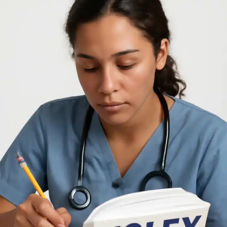 Estudiante de enfermería usando un simulador de examen NCLEX en rnnclex.com para medir su preparación y obtener una predicción de éxito.