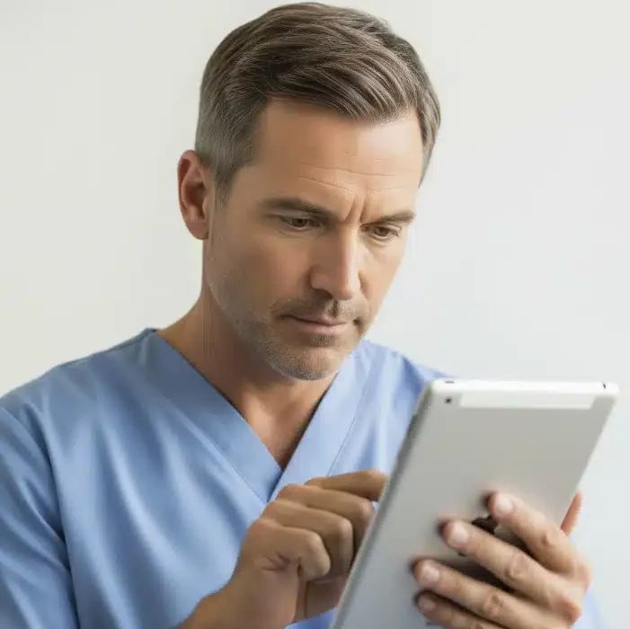 Estudiante de enfermería usando la aplicación móvil de rnnclex.com en un smartphone para responder preguntas de práctica del examen NCLEX.