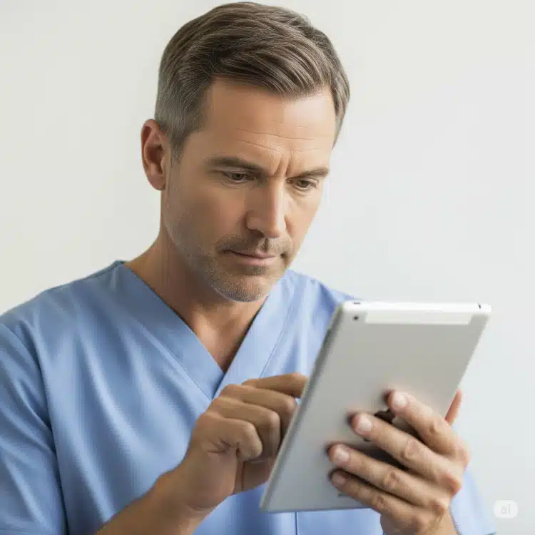 Estudiante de enfermería usando la aplicación móvil de rnnclex.com en un smartphone para responder preguntas de práctica del examen NCLEX.