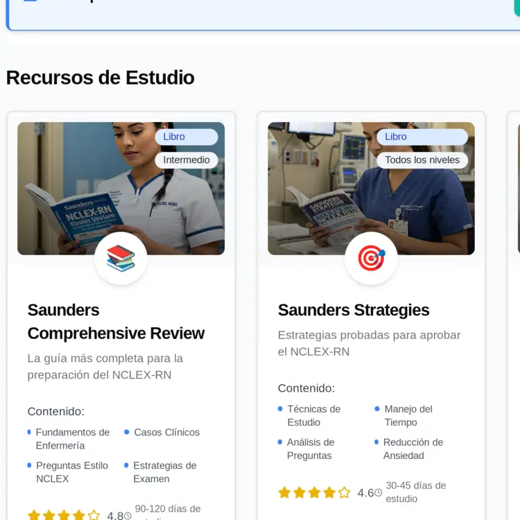 App de rnnclex.com mostrando la biblioteca de recursos con acceso a más de 400 guías de estudio del NCLEX en español, organizadas por temas.
