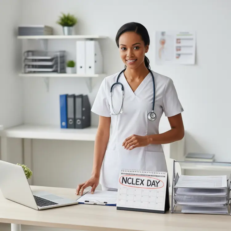 Calendario con la fecha del examen NCLEX marcada, junto a una laptop y documentos organizados para la solicitud