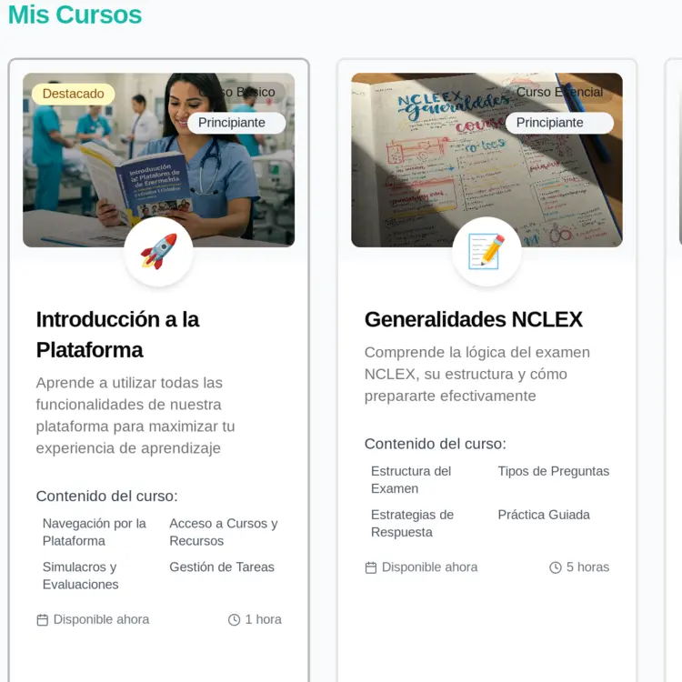 Plataforma de cursos de rnnclex.com mostrando un plan de estudio guiado paso a paso, con módulos de temas y seguimiento del progreso del estudiante.