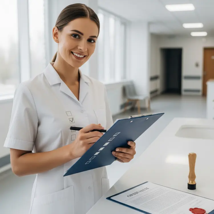 Lista de verificación (checklist) de los requisitos para el NCLEX-RN, junto a un documento de solicitud oficial aprobado con un sello y un bolígrafo.